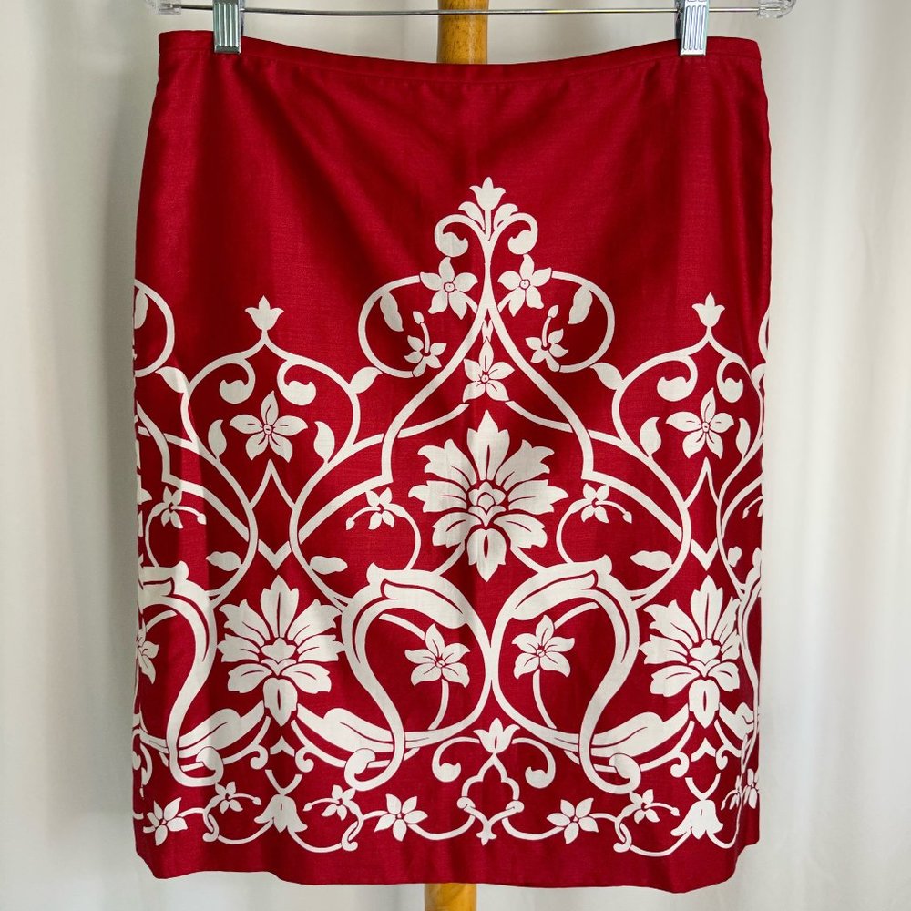 Ann Taylor LOFT Silk Midi Skirt Floral Red White Size 10